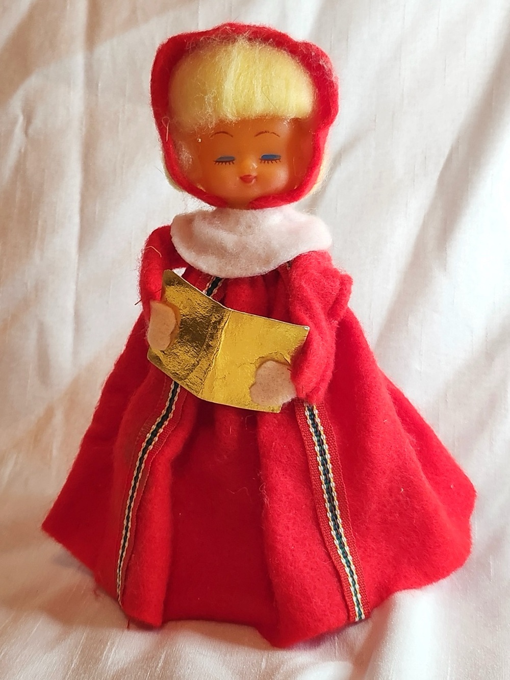 Vintage Cardboard Base Red Felt Choir Girl Tree Topper with Blonde Hair 8.5”